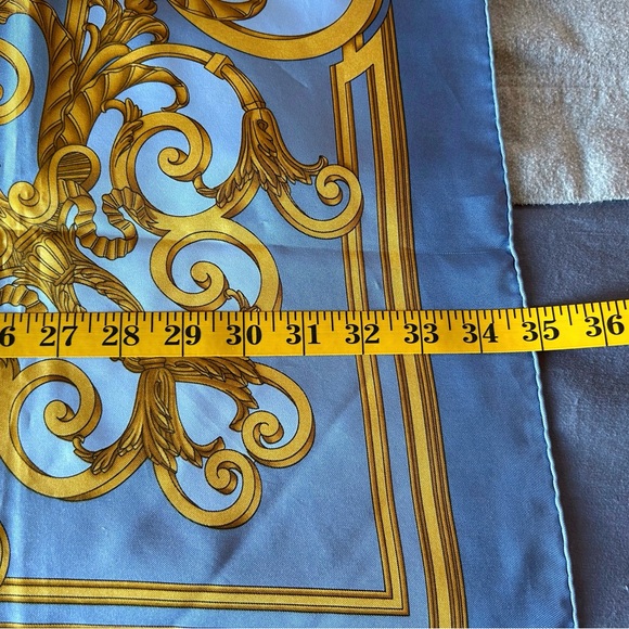 HERMES “Les Tuileries” Blue and Gold Silk Scarf - Picture 4 of 13